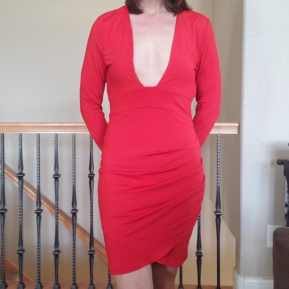 Red Low Cut Date Night Bodycon Dress